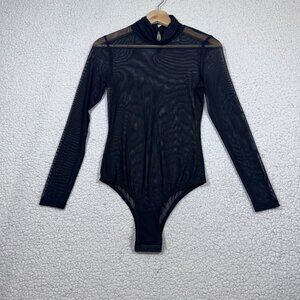 iHeartRaves Womens Black Sheer Mesh Mock Neck Bodysuit size S Goth Grunge